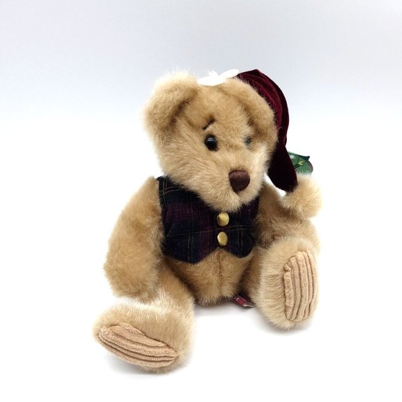 First & Main Minky Holiday Teddy Bear Chirismas Plaid Vest Santa Hat Collectable - Picture 11 of 11